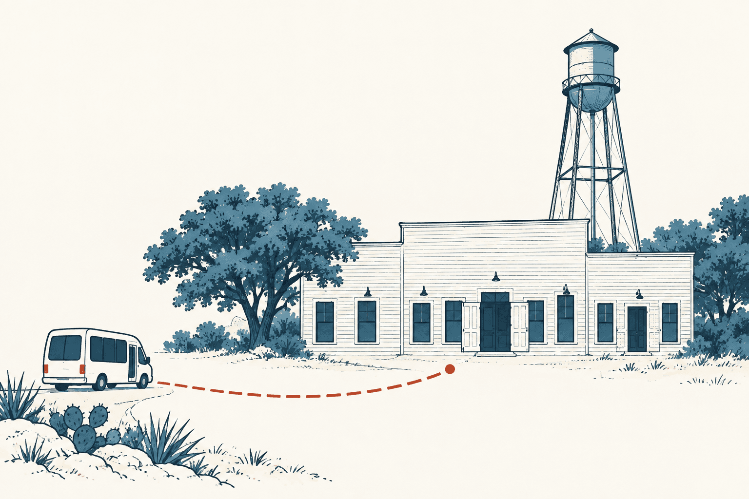 Blue and cream illustration of a shuttle bus following a dotted route toward a small town building beneath a water tower, with trees and Texas plants nearby.