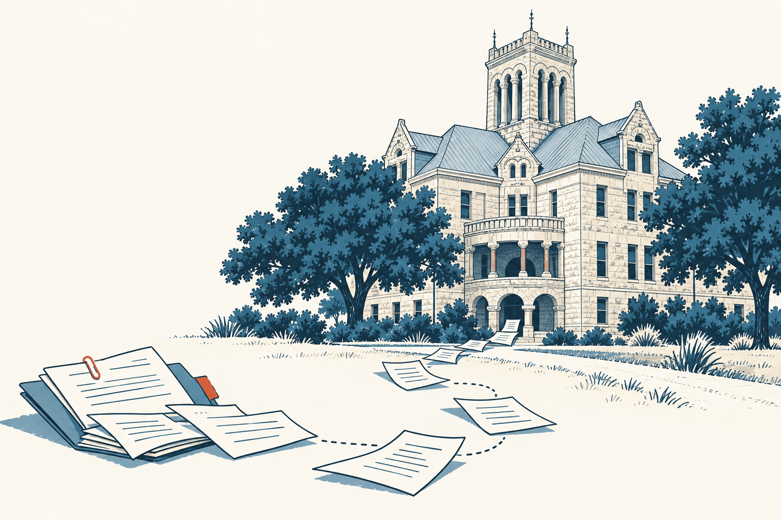 Stylized cream, navy and muted-blue illustration of loose claim documents and a folder in front of a historic county government building.