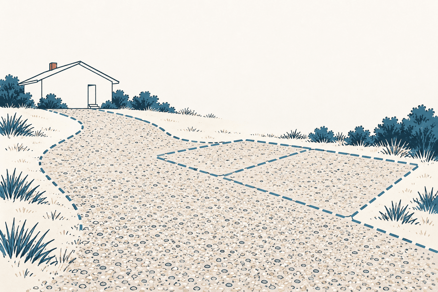 Illustrated gravel driveway and outlined parking area leading toward a small house, with blue shrubs and grasses on a cream background.