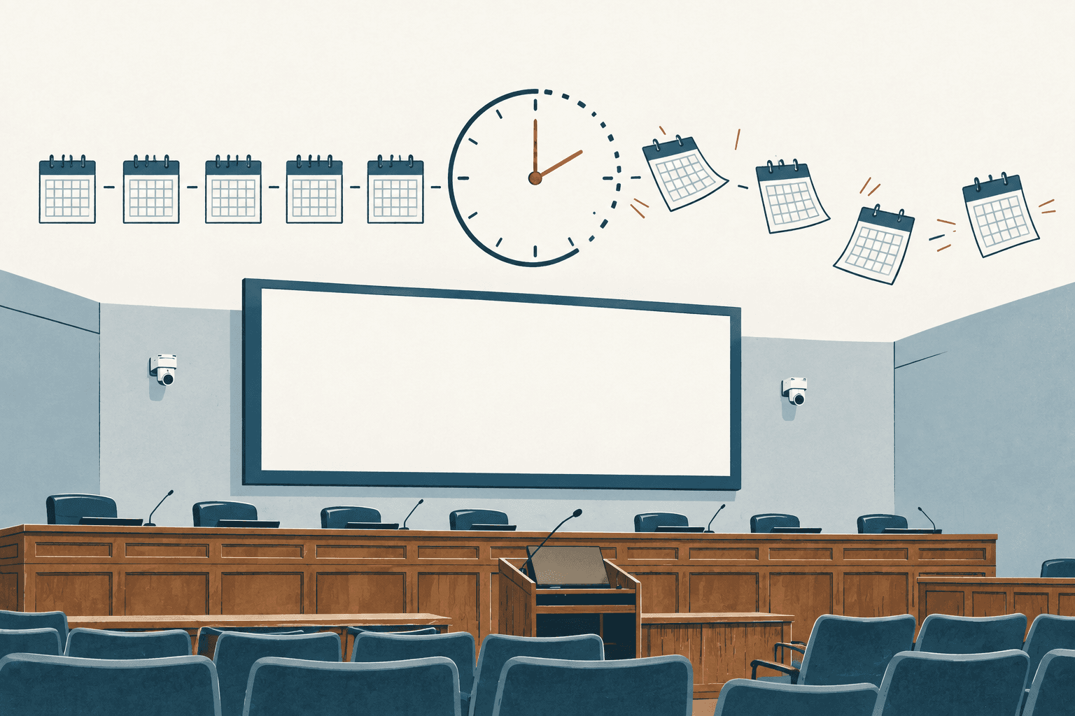 An empty public meeting chamber beneath a large clock and a sequence of calendar icons, illustrating changes to an annual meeting schedule.