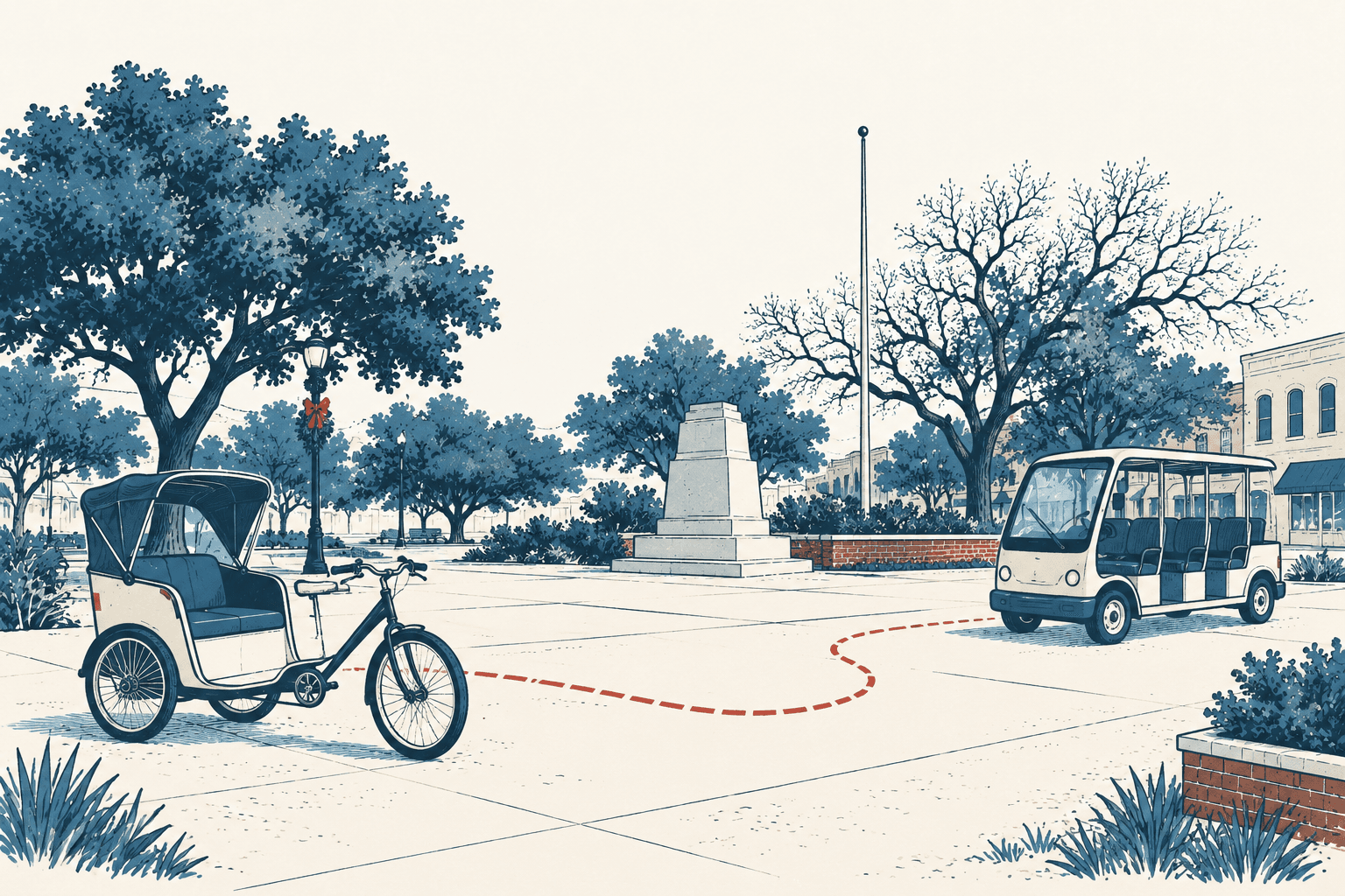 Cream and muted-blue illustration of an empty pedicab and passenger shuttle facing each other across a tree-lined town plaza.