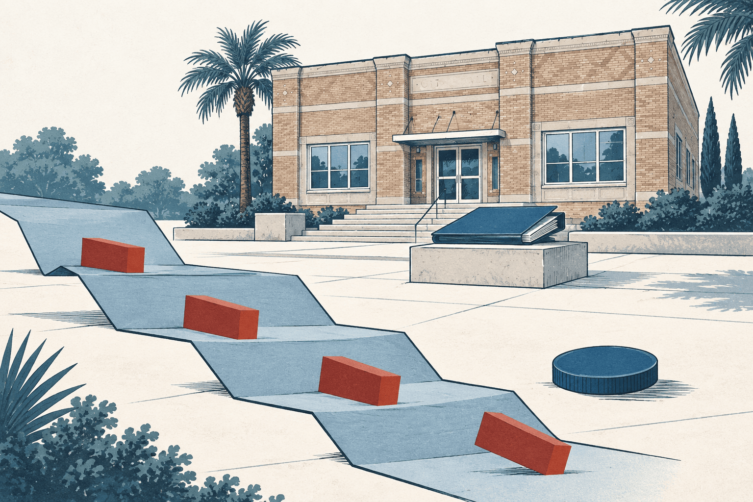 Hand-drawn editorial illustration of a civic building behind a downward-stepping blue chart with rust-colored markers, a closed ledger and a coin, rendered in cream, navy and muted blue.