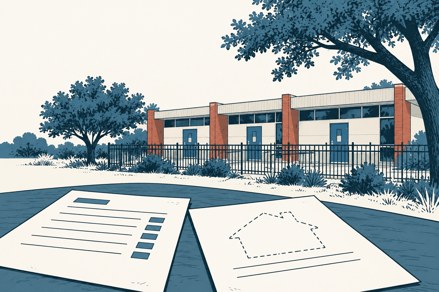 Two unmarked sheets with checklist and building outline drawings lie before a fenced apartment building and trees.