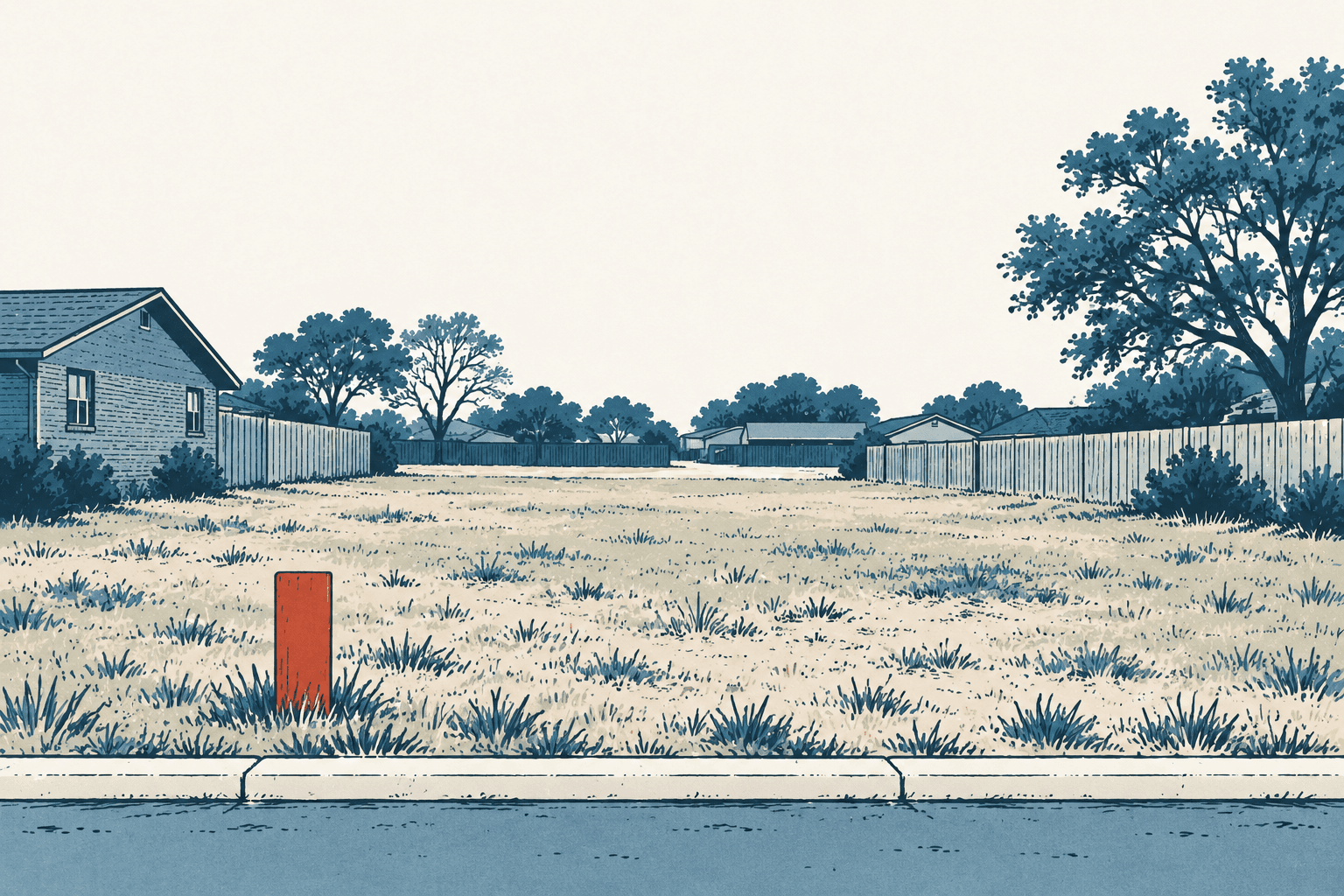 Stylized illustration of an empty grassy lot between fenced homes, with trees in the background and a small red marker near the curb.