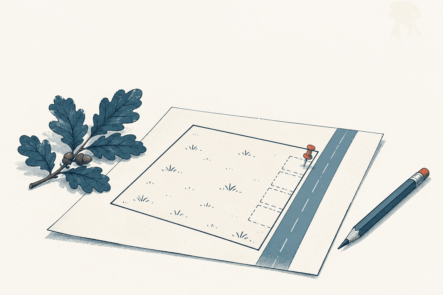 Ink-style illustration of a site plan with a grassy parcel, dashed parking spaces beside a road, a red map pin, a pencil, and an oak branch on a cream background.