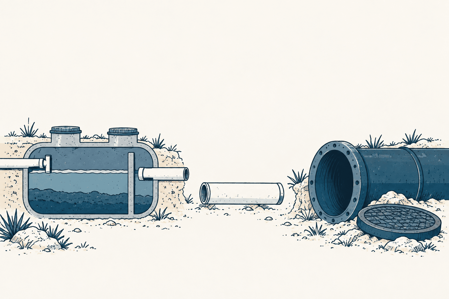 Illustrated underground septic tank, a separate white pipe, and a large blue sewer pipe with a round cover on sandy ground.