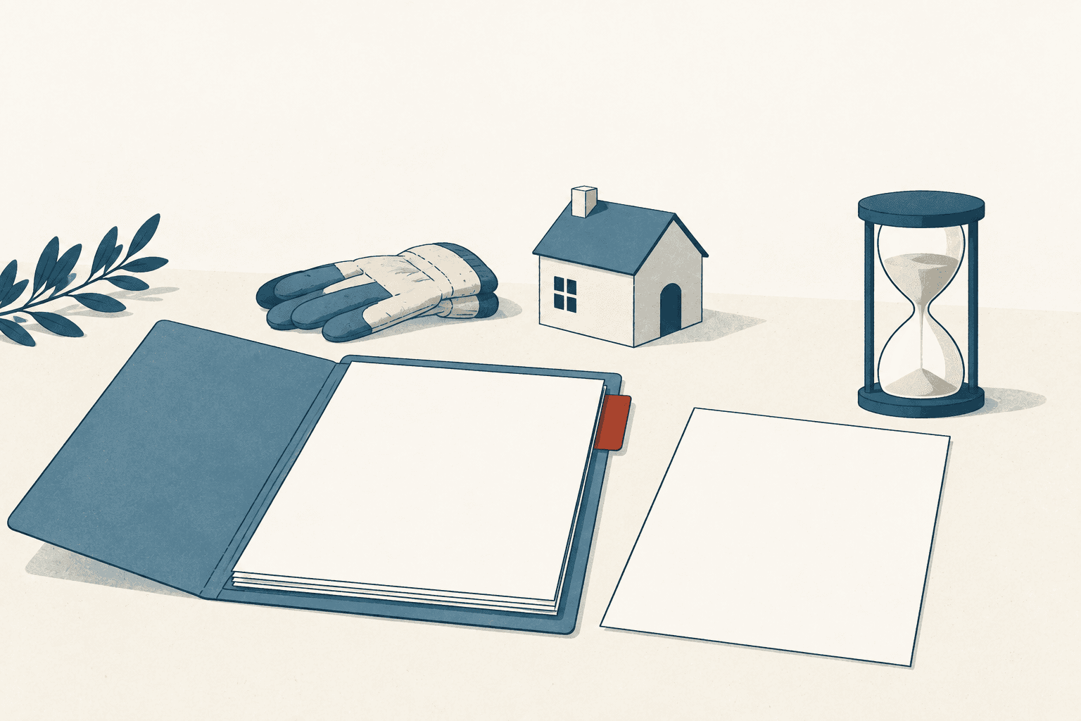 An open blue folder with blank pages sits beside a loose sheet, gloves, a small house and an hourglass on a cream background.