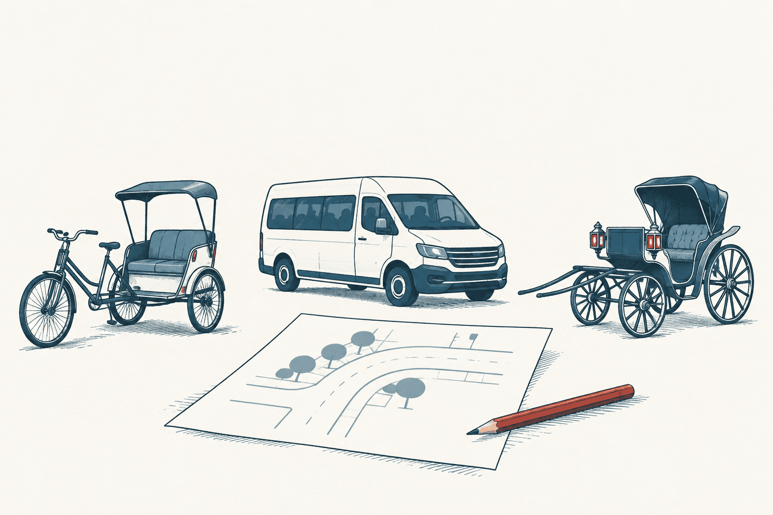 A blue line illustration of a pedicab, passenger shuttle and horse-drawn carriage around a street plan and red pencil on a cream background.