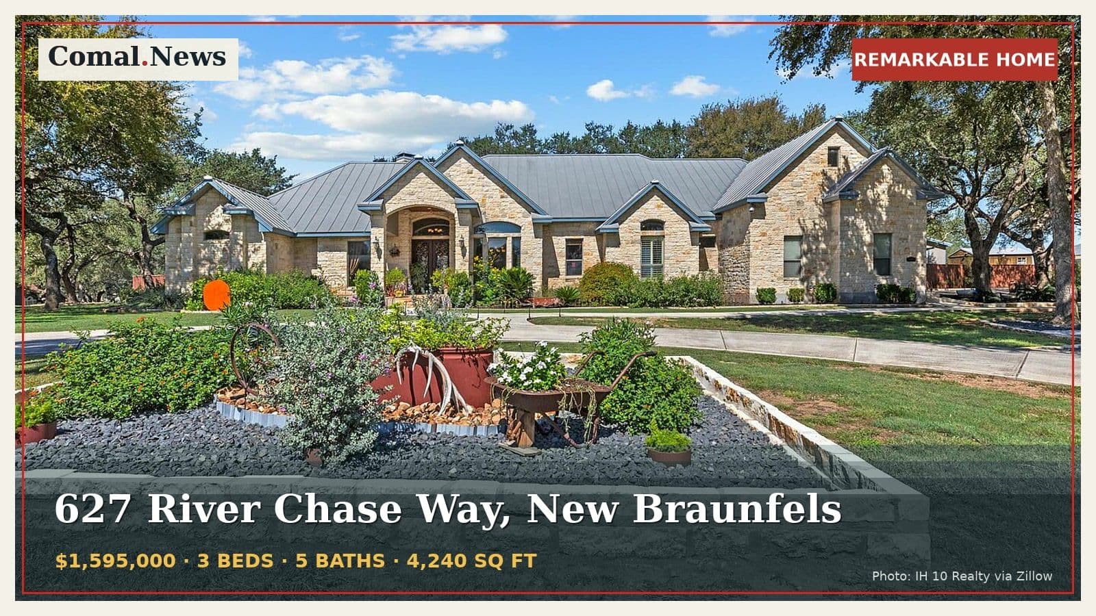 The house at 627 River Chase Way, New Braunfels, TX 78132, from its listing, framed with the Comal.News Remarkable Home banner