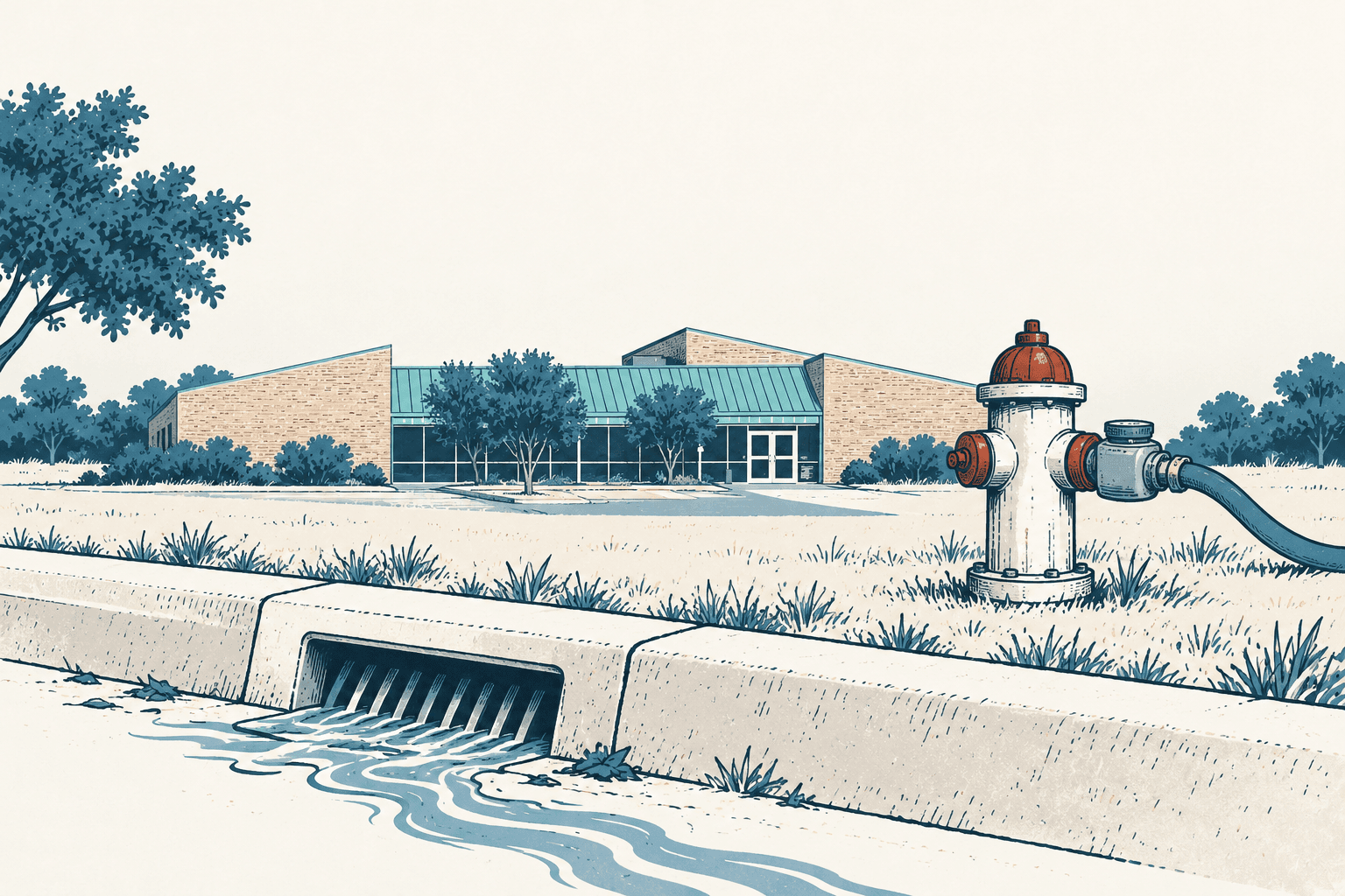 Illustrated hydrant meter connected to a hose beside a flowing storm drain, with a low building and trees in the background.