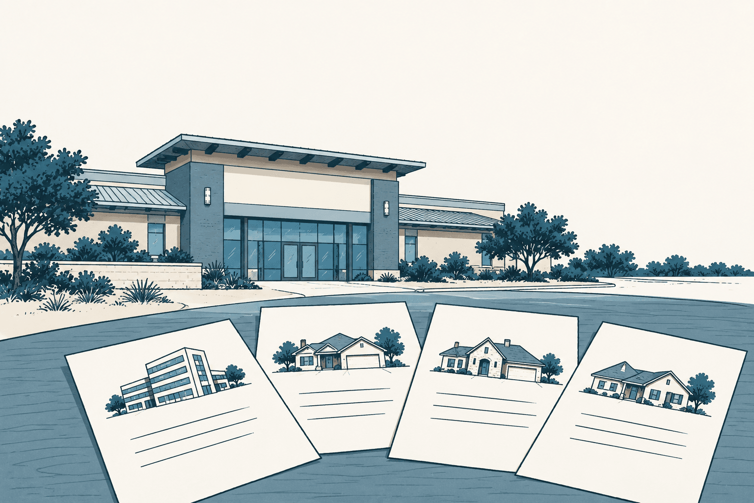 A blue and cream drawing of a civic building with four illustrated property sheets spread across the foreground.