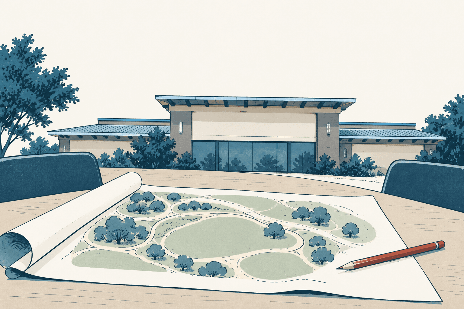 A rolled park plan with paths and trees lies on a table beside a pencil, with a civic building in the background.