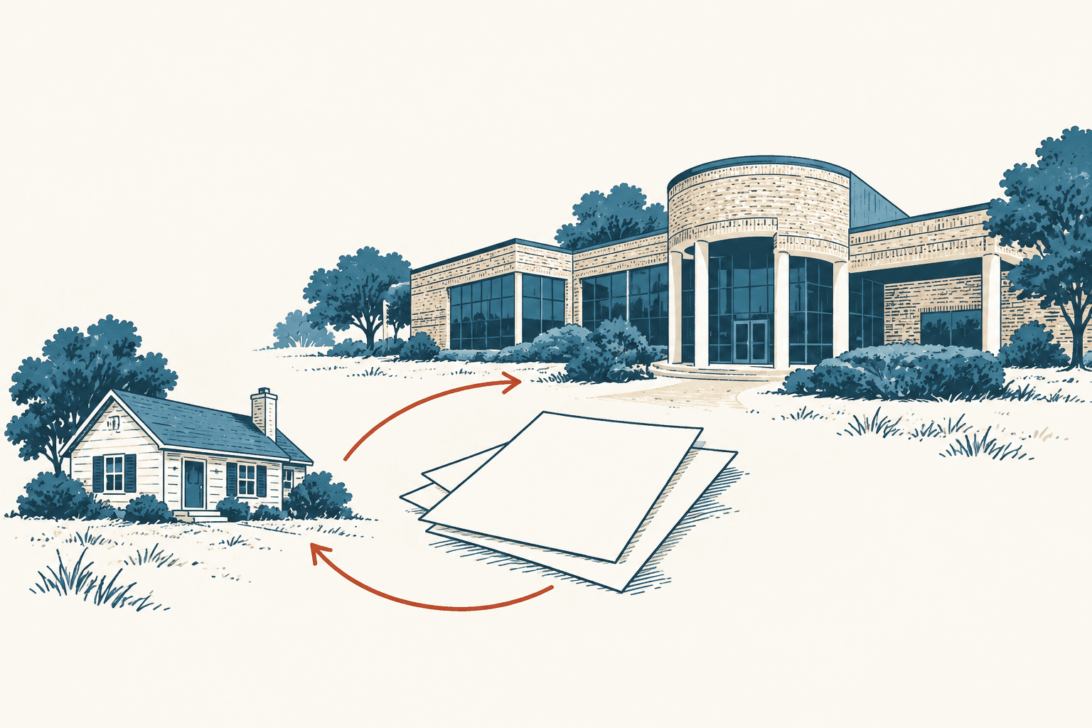 A small house and a large school building flank a stack of blank papers, with rust-colored arrows connecting them.