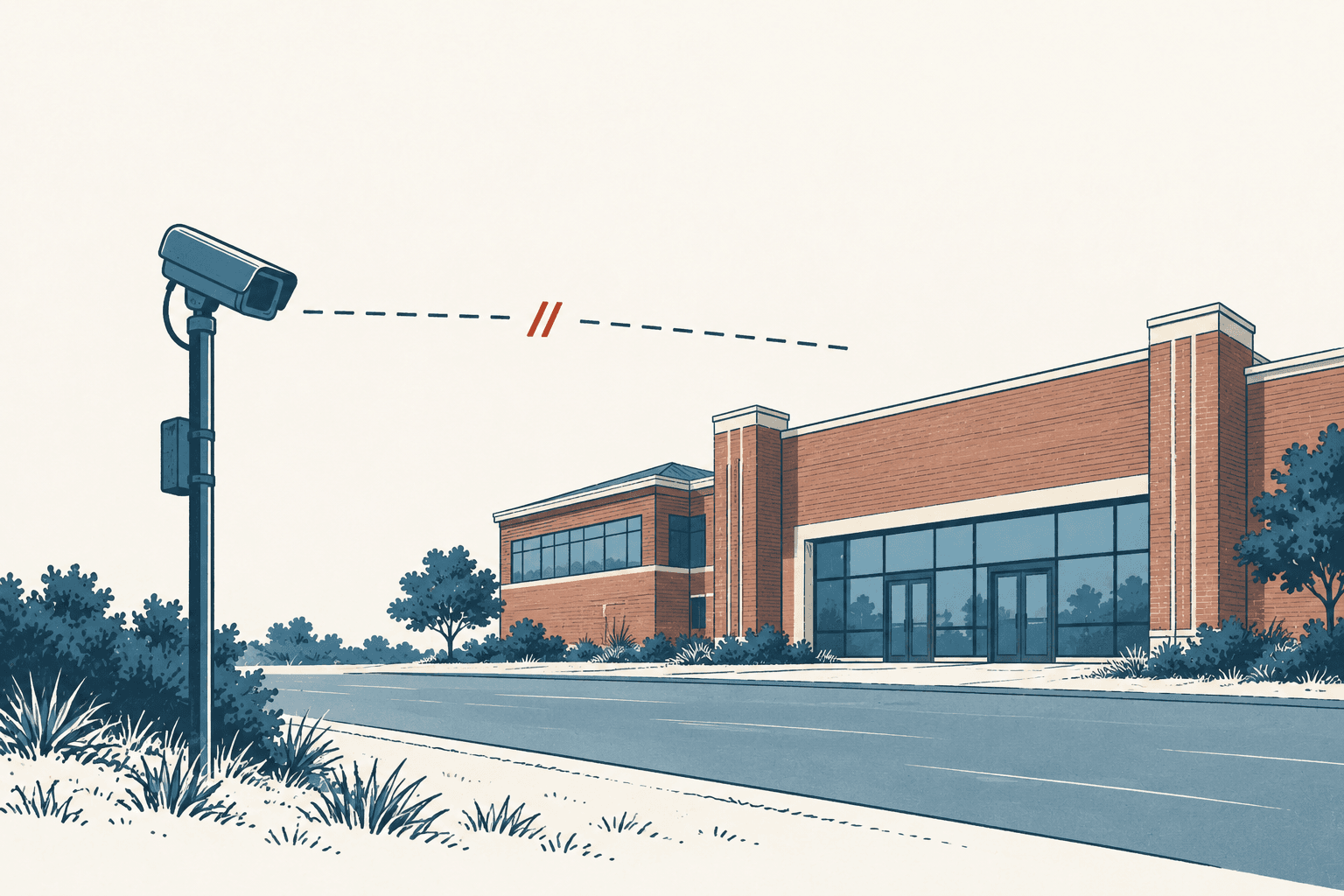 Cream, navy, and muted blue illustration of a roadside surveillance camera facing a brick building, with a dashed sightline broken by two red marks.
