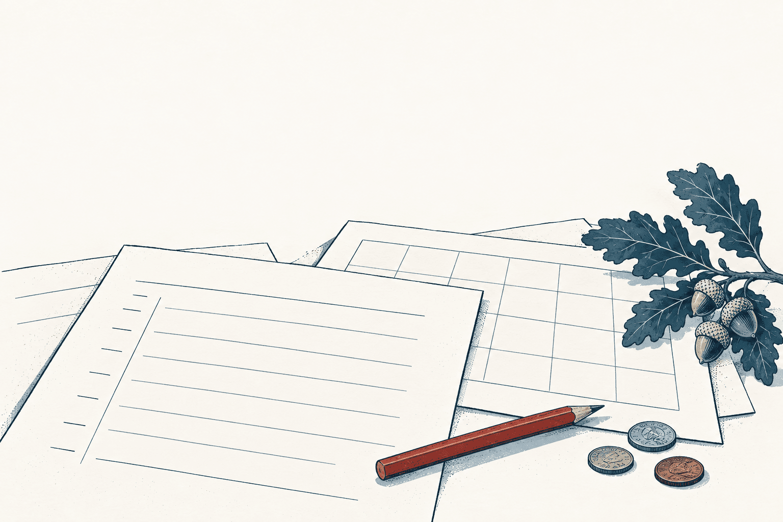 Blank lined and gridded papers with a red pencil, three coins and an oak branch with acorns on a cream background.