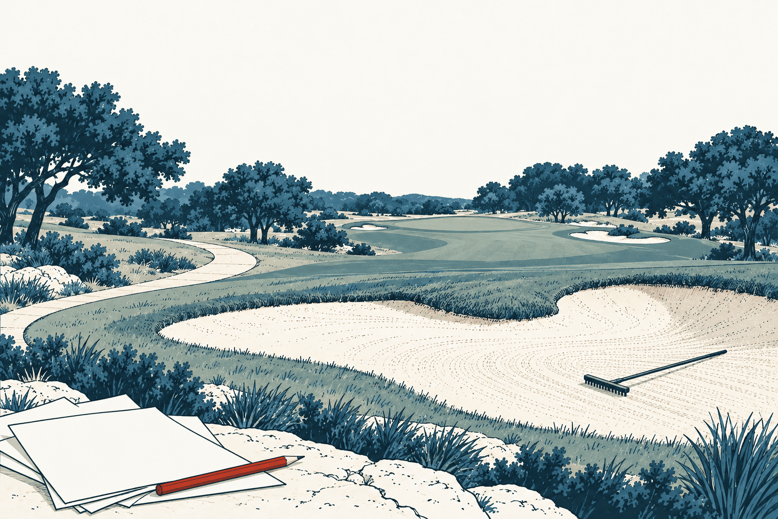 Blue and cream illustration of a golf course with sand bunkers, a rake, trees, and blank papers with a pencil in the foreground.