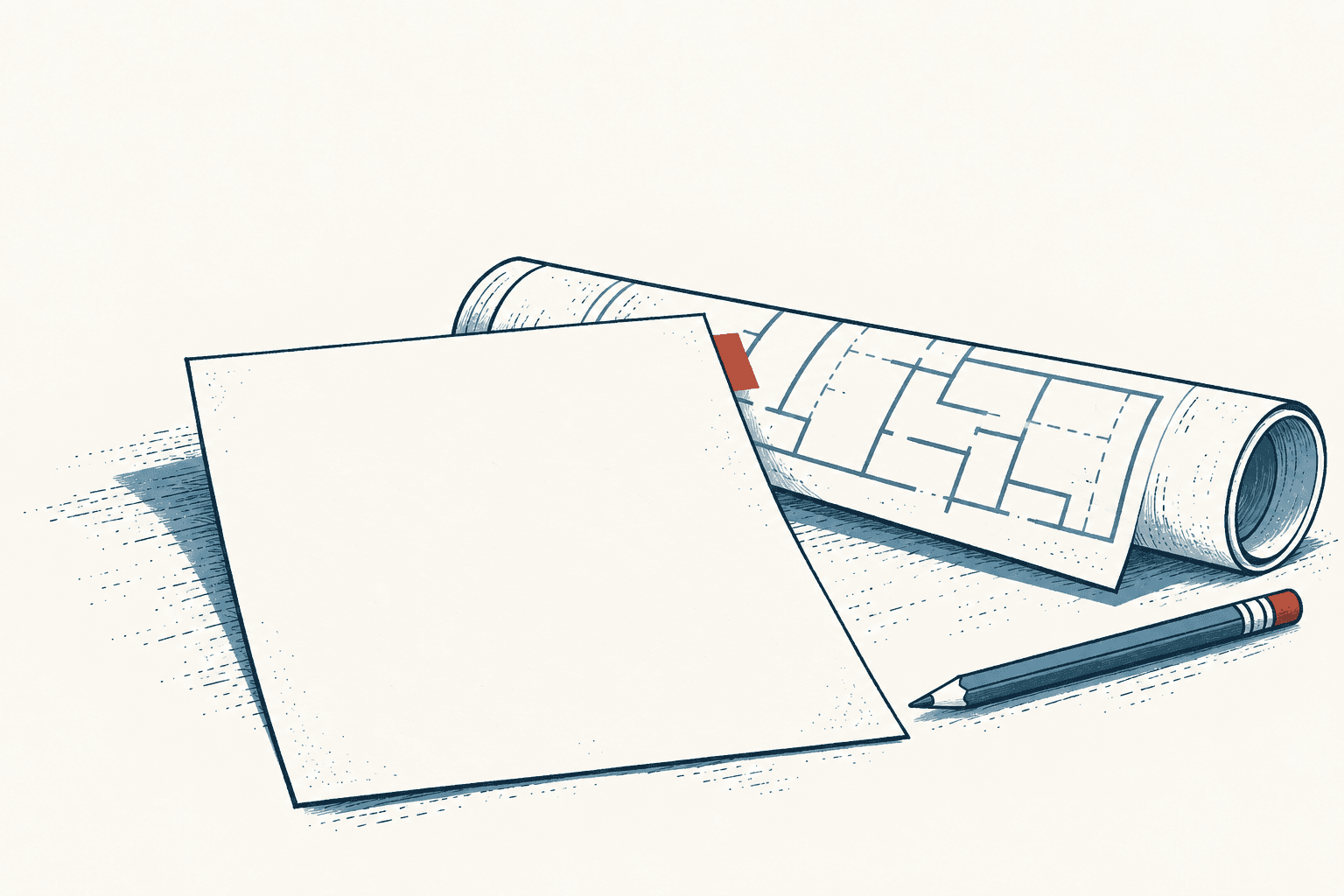 A blank sheet of paper overlaps a rolled building plan, with a blue pencil beside it on a cream background.