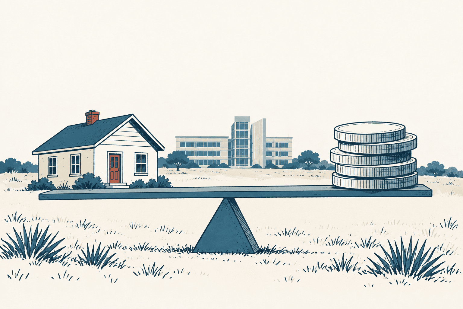 A small house and a stack of coins sit at opposite ends of a balanced seesaw, with a government building in the distance.