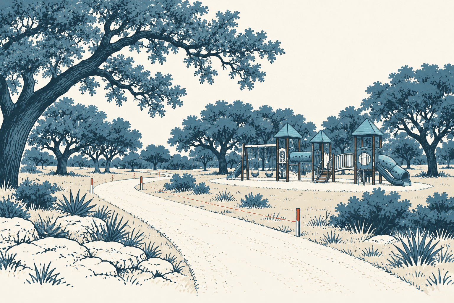 A pale winding path curves toward an empty blue playground among oak trees and low shrubs.