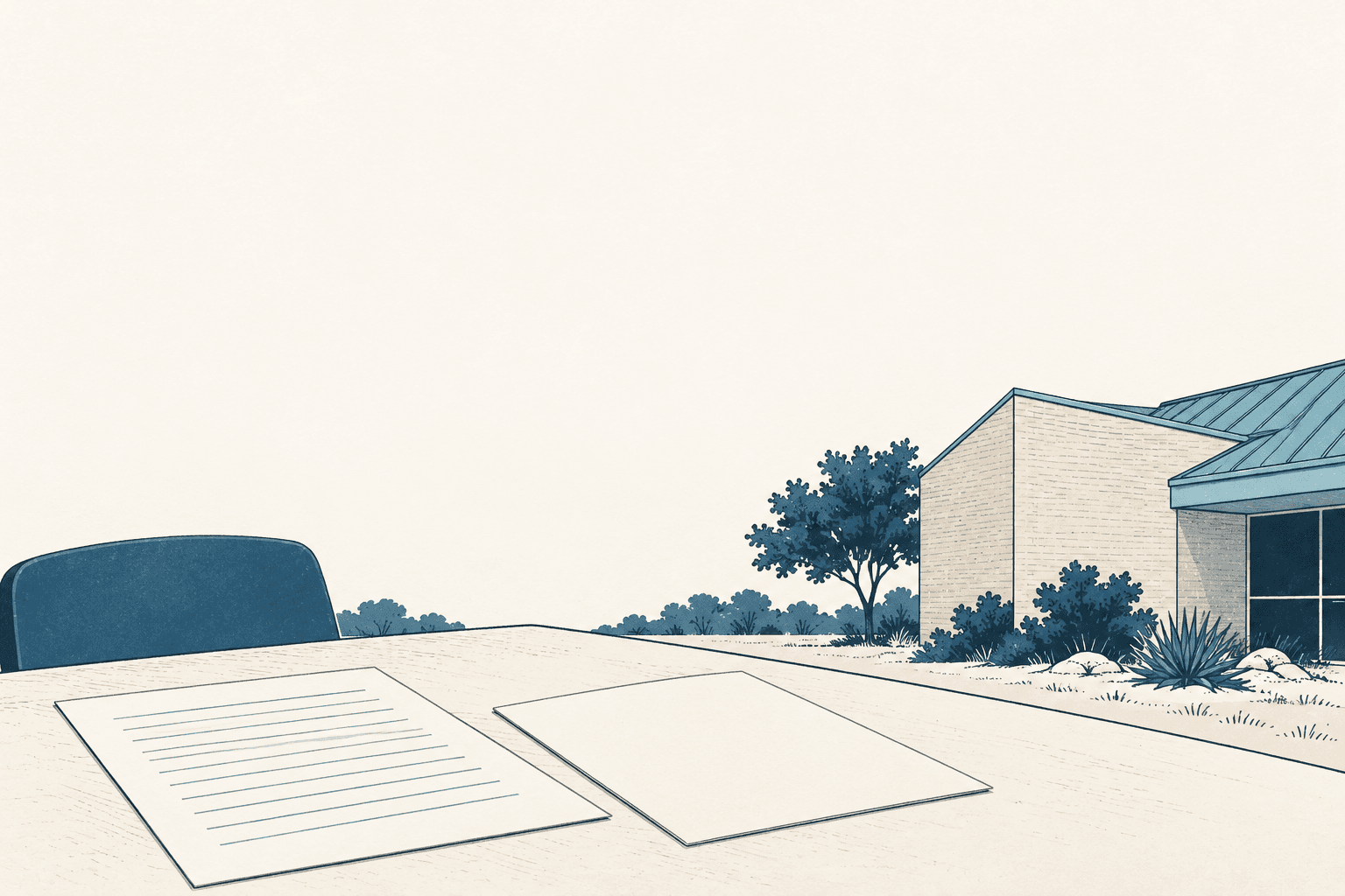 Two sheets of paper lie on a table beside an empty chair, with a building and shrubs in the background.