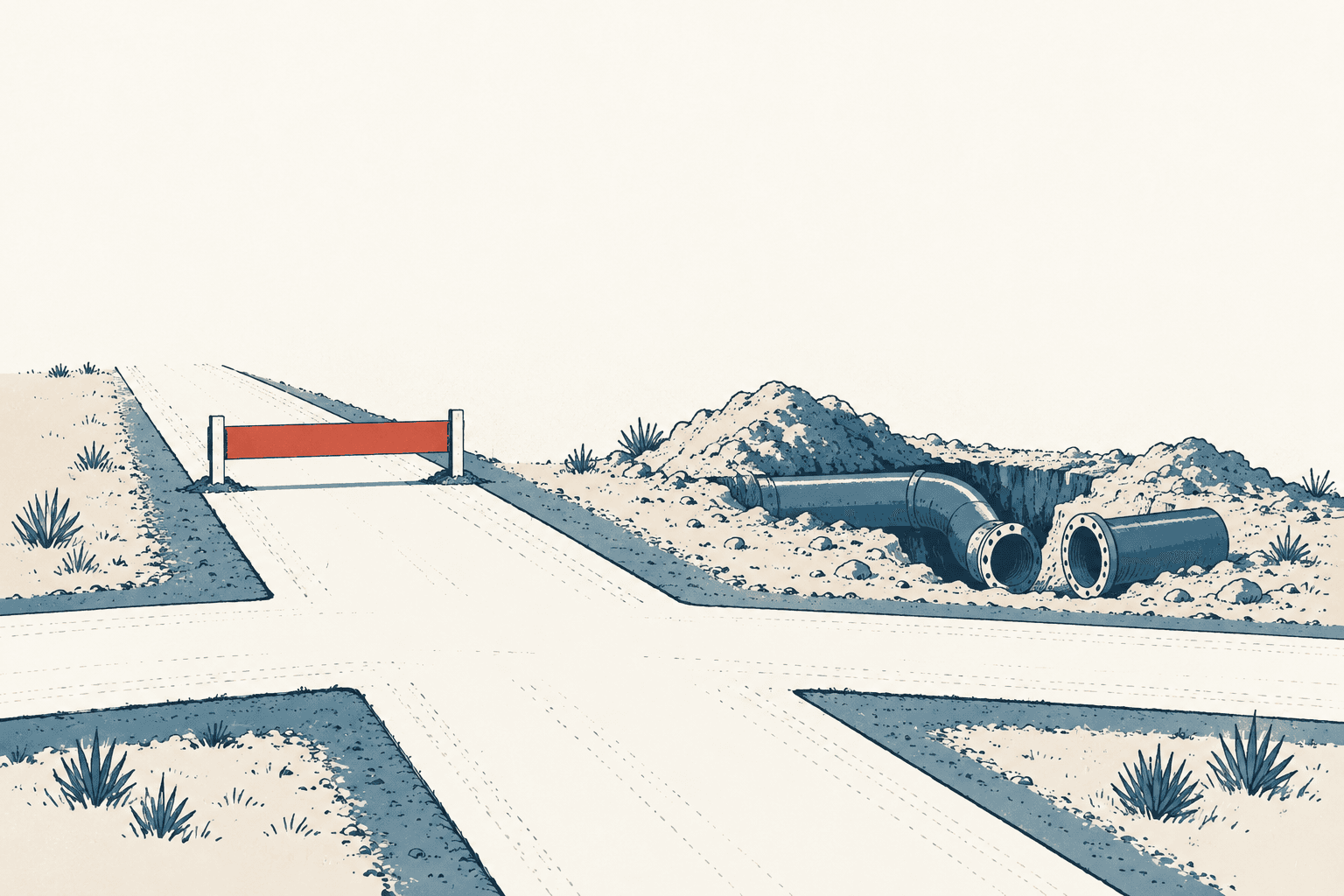 Illustrated crossing roads with a barrier on one approach and large blue pipes beside an open trench.