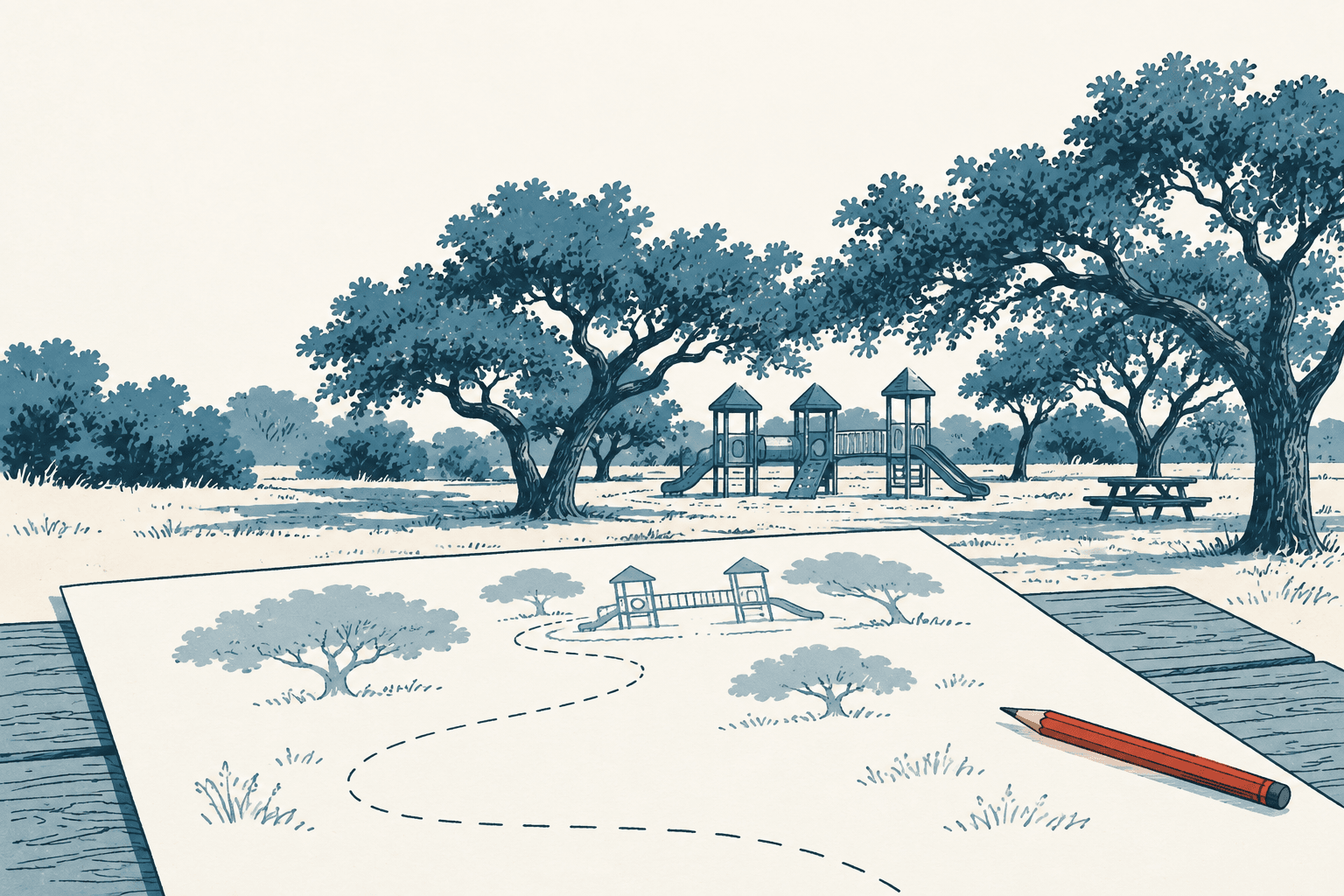 A winding dashed trail is drawn on paper beside a red pencil, with trees and a playground in the park beyond.