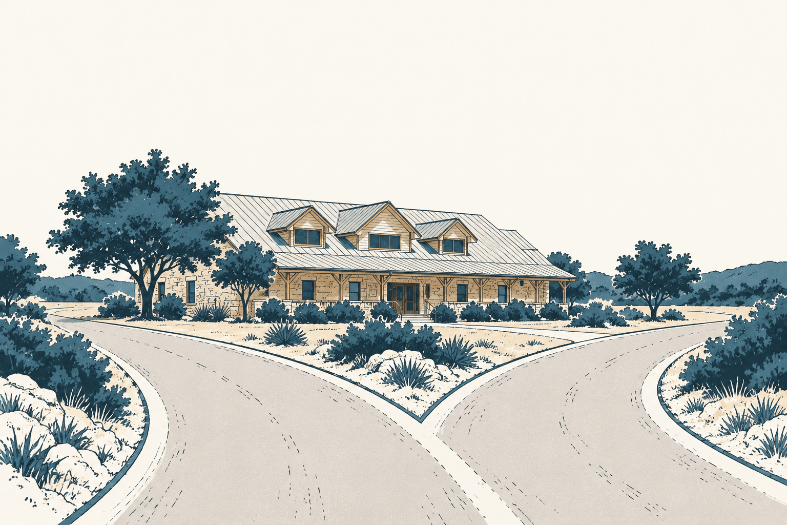 Two curving roads branch around a landscaped area toward a low building with a metal roof, beneath a broad cream sky.