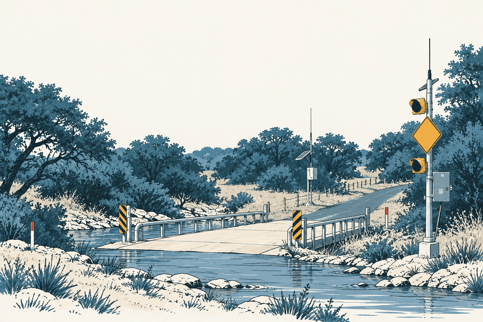 Illustrated road crossing a shallow stream, with blue trees, guardrails, signal lights and a yellow diamond-shaped sign.