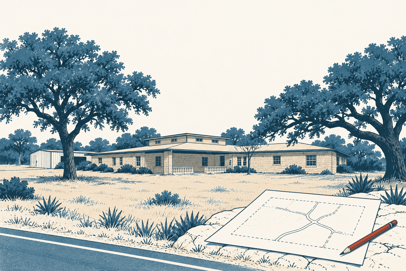 Blue and cream illustration of a low office building among oak trees beside a road, with a site plan and pencil in the foreground.