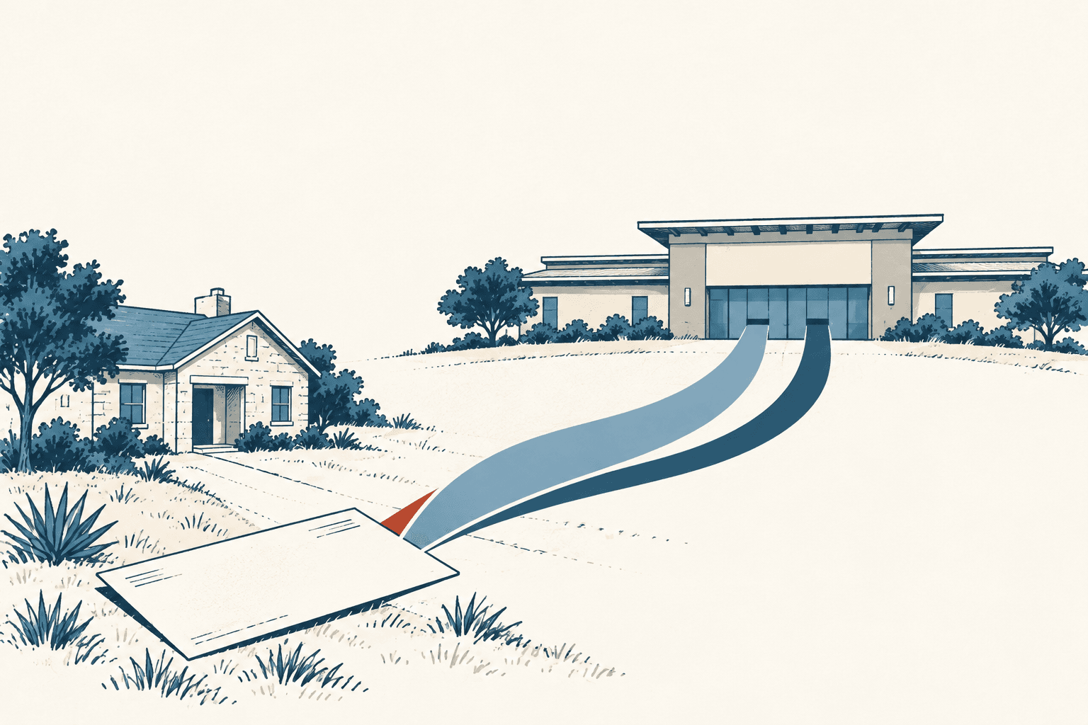 A blank sheet in a grassy foreground sends two blue streams toward a large civic building, with a house to the left.