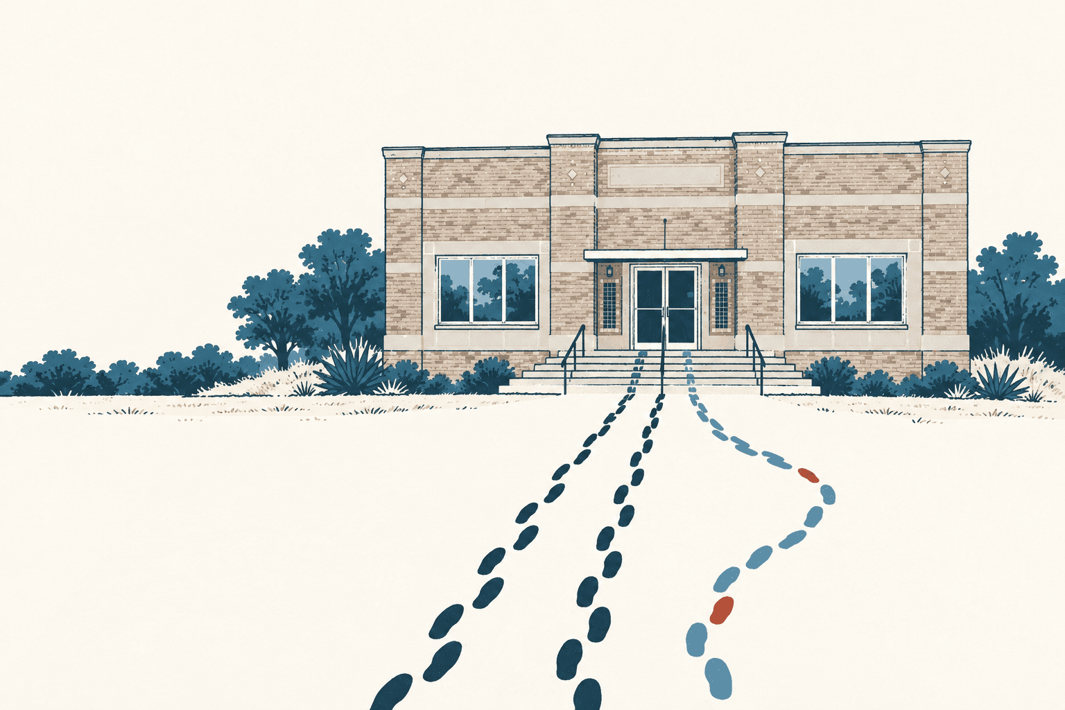 Three dotted paths lead toward a stylized civic building; two run close together while a blue path curves away.