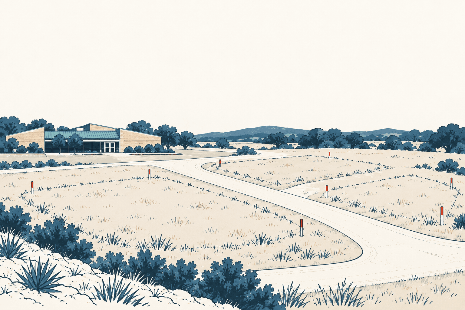 A winding pale road crosses open fields toward a low building, with blue shrubs, trees, and distant hills.