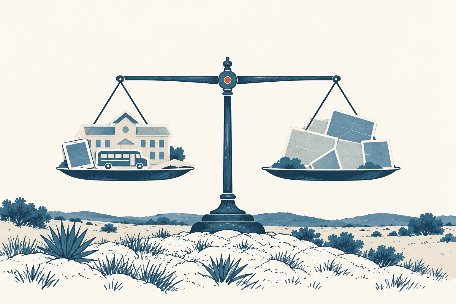 A navy balance scale holds a school, bus and device on one side and overlapping blue property shapes on the other, above a sparse Hill Country landscape.