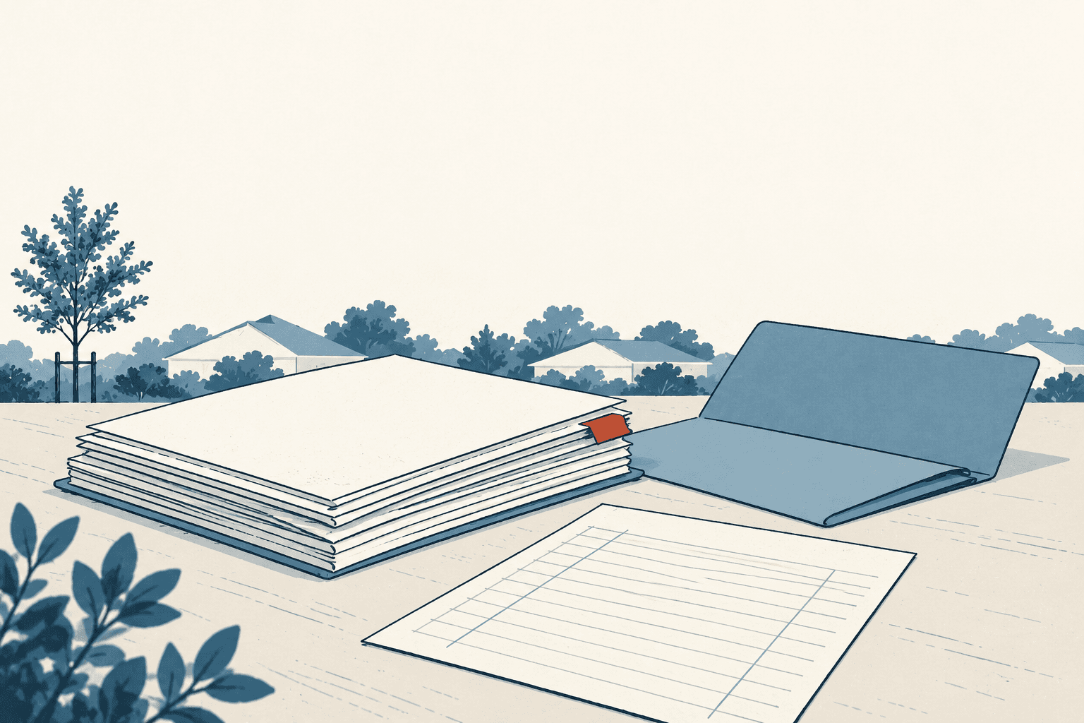A stack of blank papers, an open blue folder, and a ruled sheet sit outdoors with trees and rooftops in the distance.