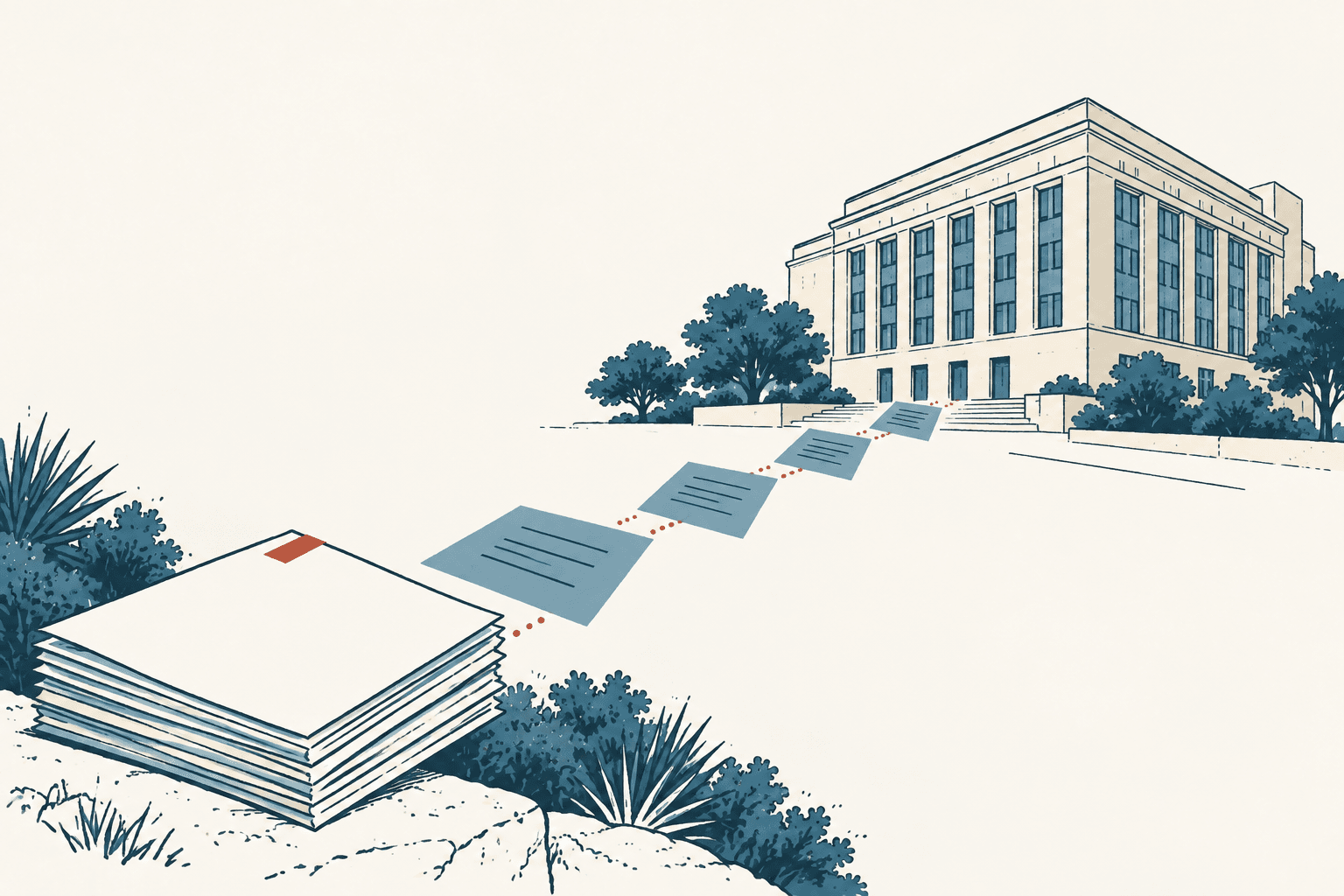 A stack of papers in the foreground leads to floating blue document shapes and a government building in the distance.