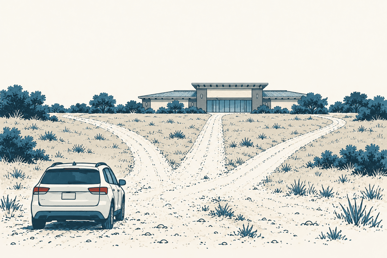 Cream and muted-blue illustration of an SUV on rough, unpaved ground, with three dirt paths leading toward a building.