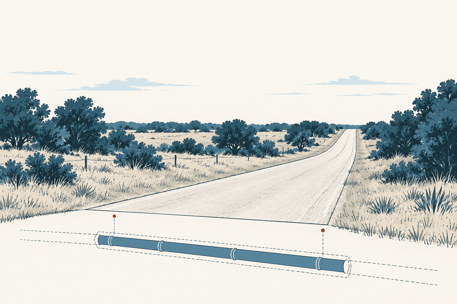 Illustrated rural road bordered by blue trees and grasses, with a blue pipe shown beneath the foreground crossing.