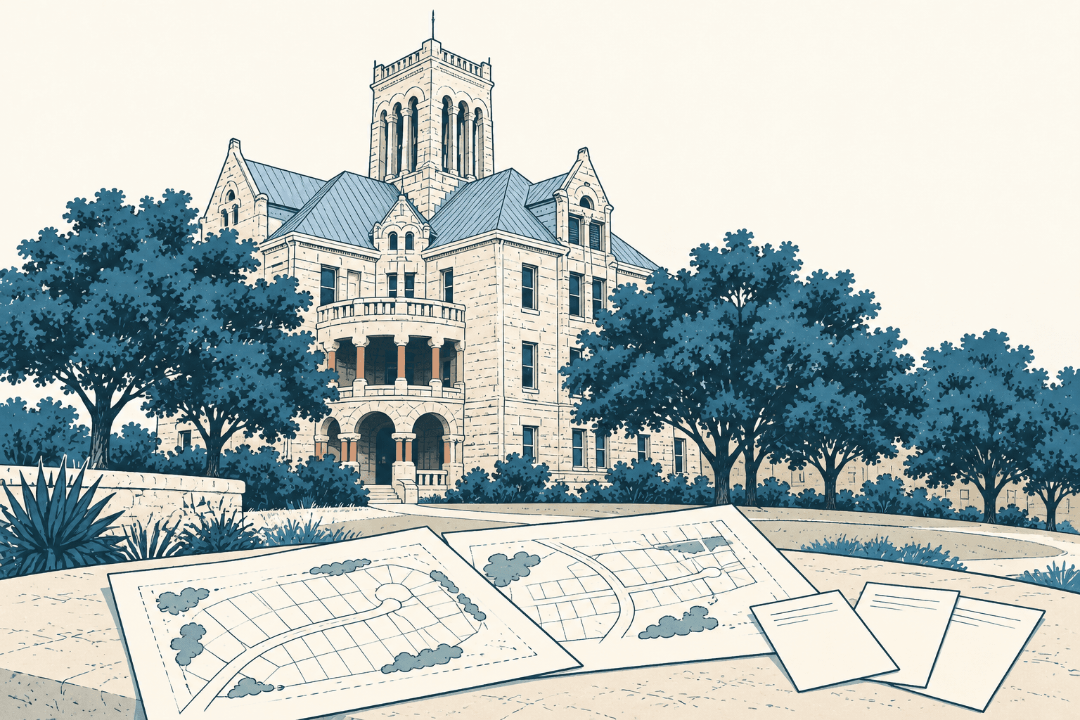 Blue and cream line illustration of a courthouse behind trees, with subdivision plans spread across a table in the foreground.